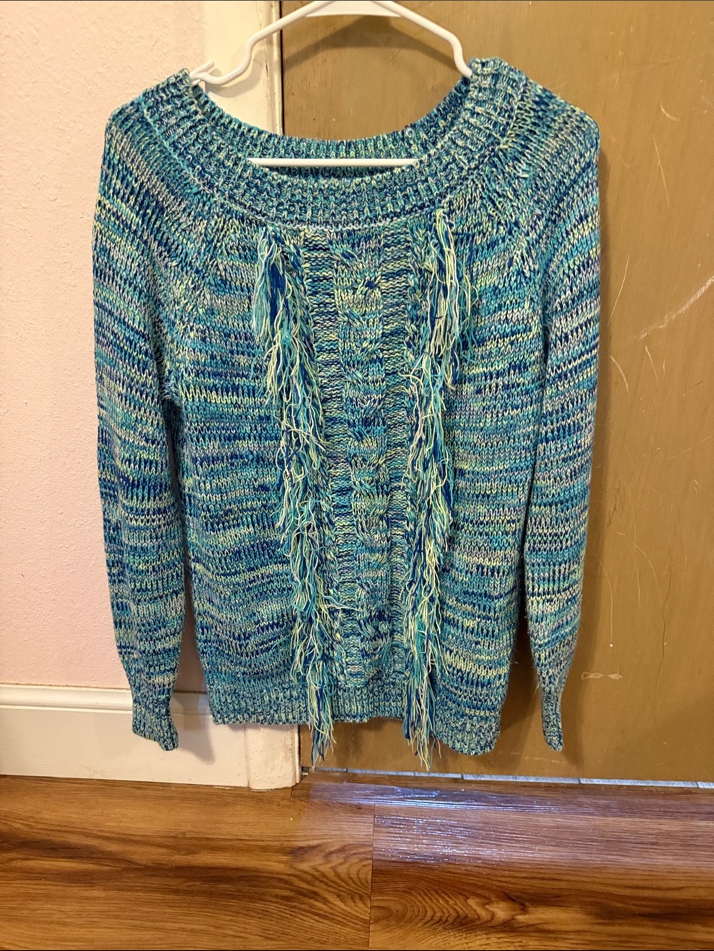 New York & Company Blue Multicolor Fringe Cable-Knit Sweater